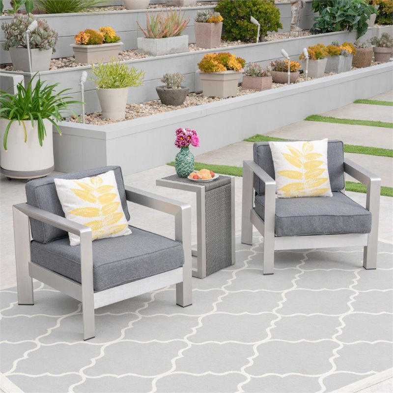 Afuera Living 3 Piece Outdoor Wicker Top Conversation Set in Silver