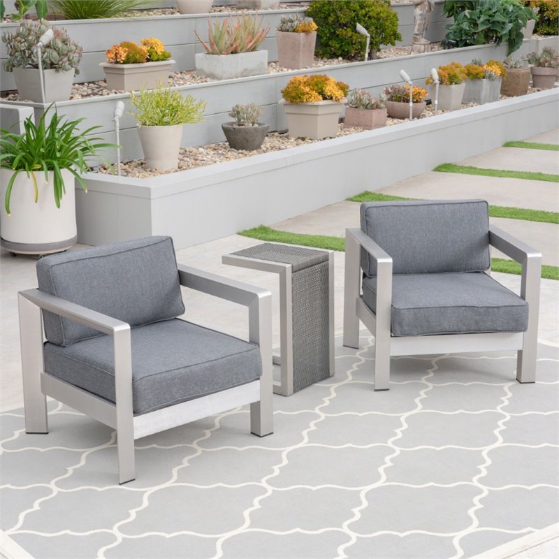 Afuera Living 3 Piece Outdoor Wicker Top Conversation Set in Silver