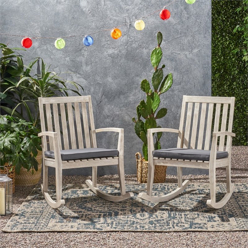 Afuera Living Outdoor Acacia Wood Rocking Chair in Light Gray (Set of 2)