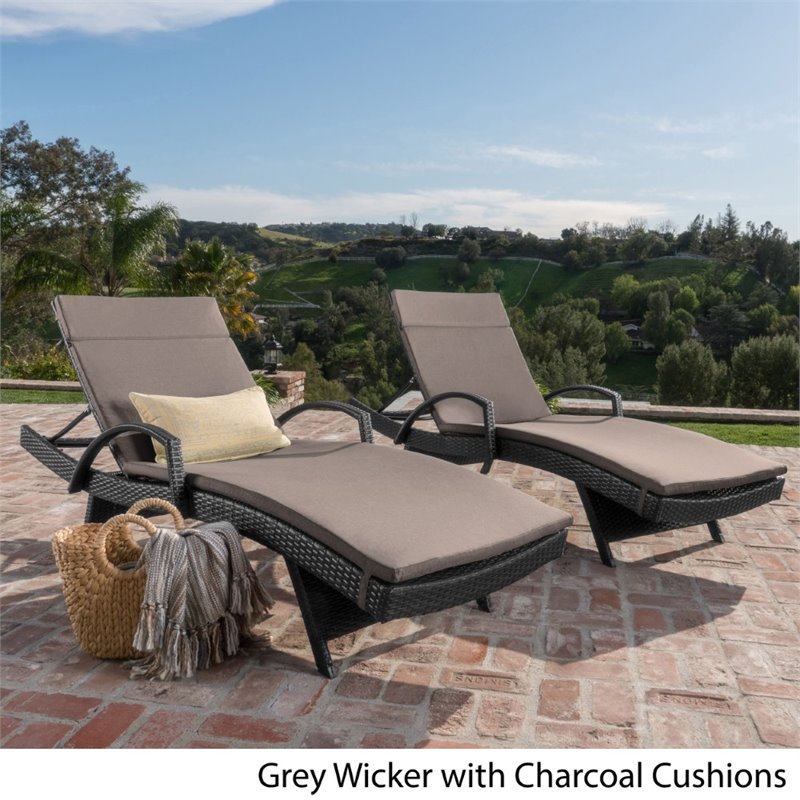 Afuera Living Outdoor Wicker Arm Chaise Lounge in Charcoal (Set of 2)
