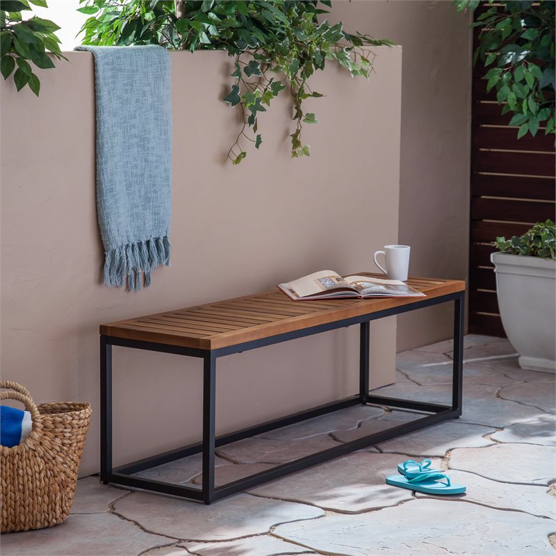 Afuera Living Outdoor Industrial Acacia Wood and Iron Bench Teak and Black