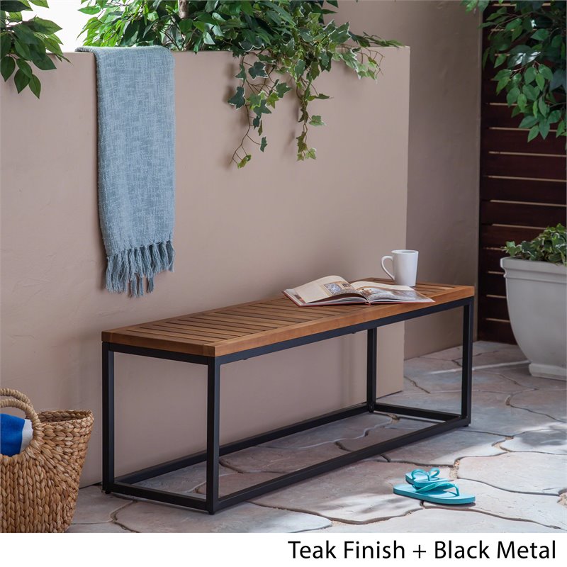 Afuera Living Outdoor Industrial Acacia Wood and Iron Bench Teak and Black