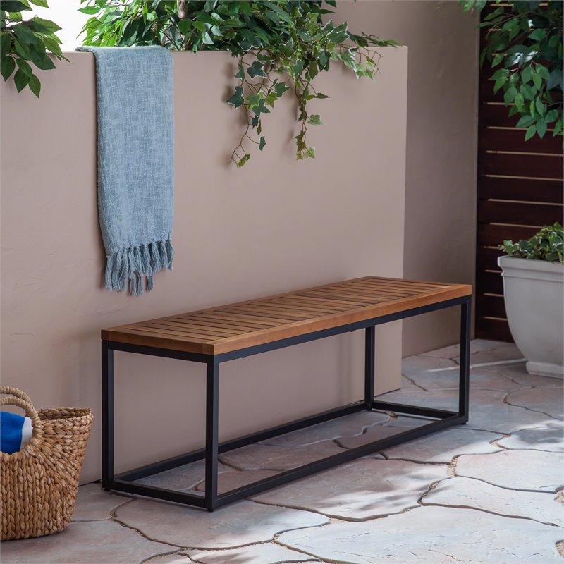 Afuera Living Outdoor Industrial Acacia Wood and Iron Bench Teak and Black