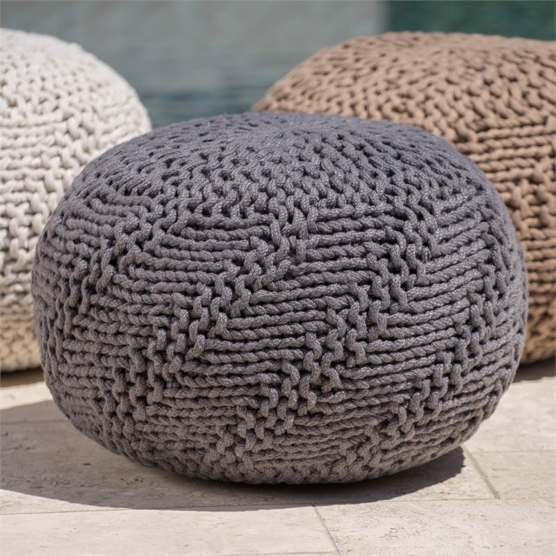 Afuera Living Handcrafted Modern Fabric Outdoor Weave Pouf in Dark Gray