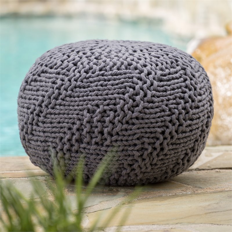 Afuera Living Handcrafted Modern Fabric Outdoor Weave Pouf in Dark Gray