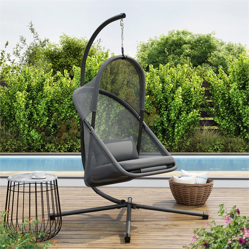 Afuera Living Crush Outdoor Foldable Mesh Egg Swing Chair in Dark Gray Fabric