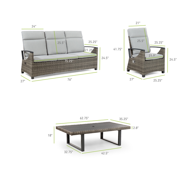 Afuera Living 4-Piece Aluminum Outdoor Patio Reclining Sofa Set in Brown