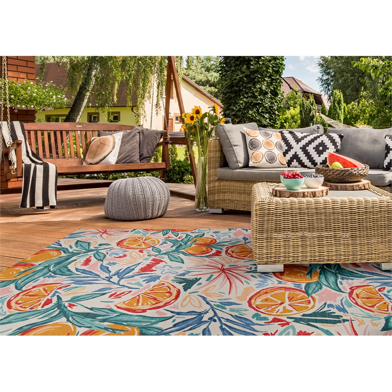 Afuera Living Indoor Outdoor Marin Polyester Area 7'x9' Rug in Ivory and Orange