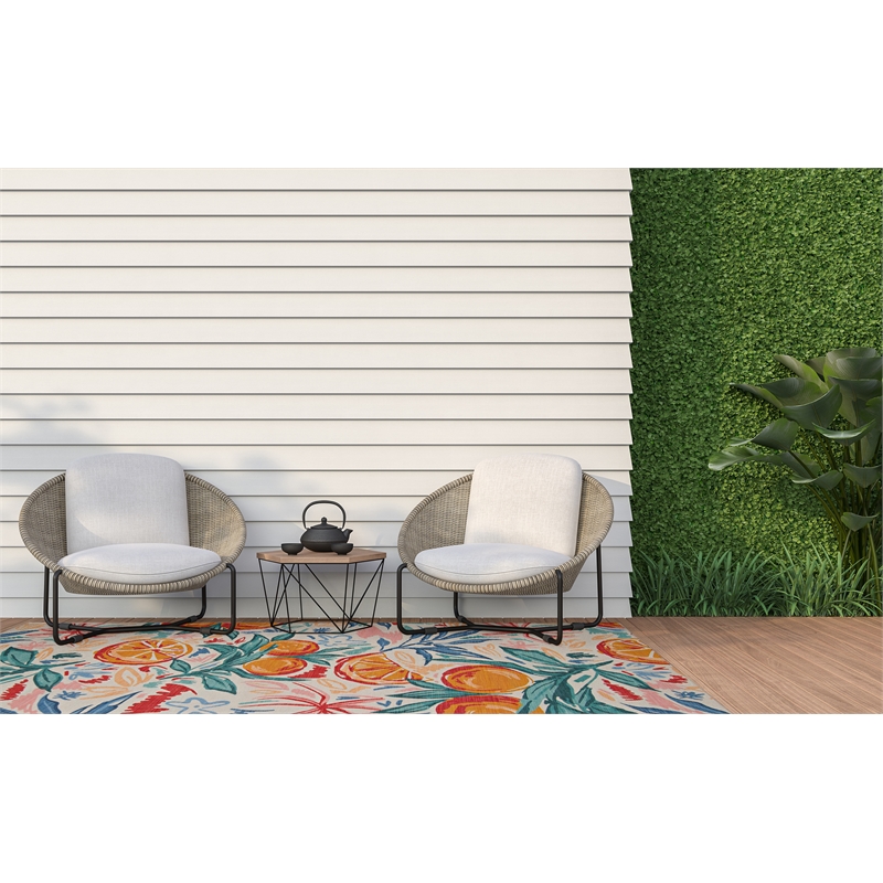 Afuera Living Indoor Outdoor Marin Polyester Area 7'x9' Rug in Ivory and Orange