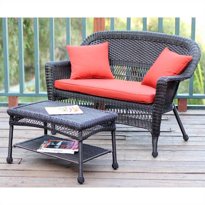 Afuera Living Country/Cottage Wicker Patio Love Seat and Coffee Table Set
