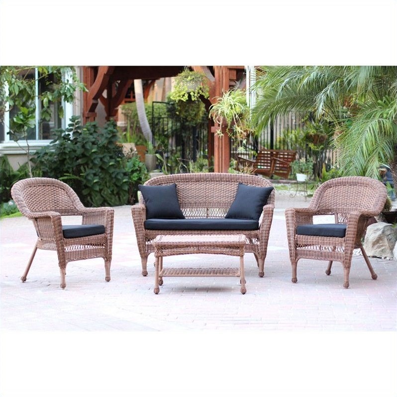 Afuera Living 4pc Wicker Conversation Set in Honey with Black Cushions