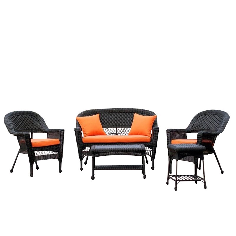 Afuera Living 5pc Wicker Conversation Set in Black with Orange Cushions