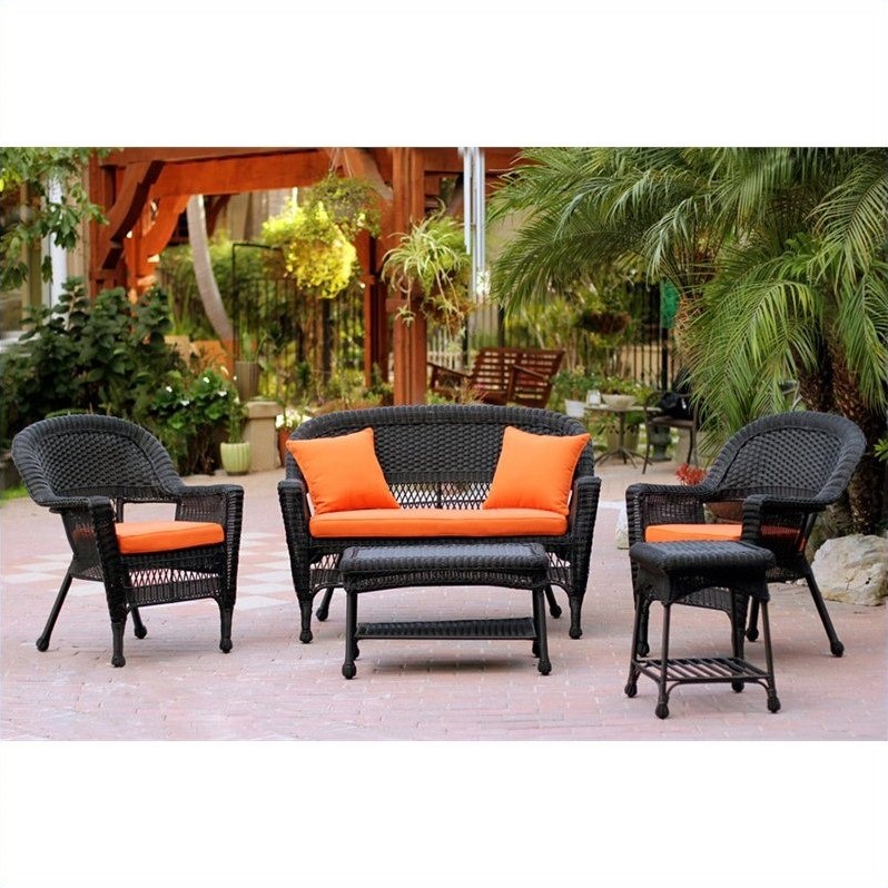 Afuera Living 5pc Wicker Conversation Set in Black with Orange Cushions