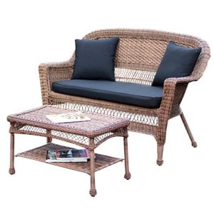 Afuera Living Wicker Patio Love Seat & Coffee Table Set - Honey w/ Black Cushion