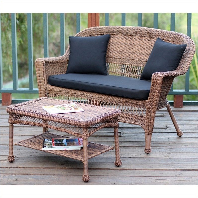 Afuera Living Wicker Patio Love Seat & Coffee Table Set - Honey w/ Black Cushion