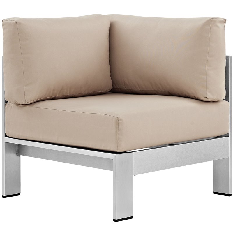 Afuera Living Modern Fabric/Aluminum Outdoor Corner Arm Chair in Beige/Silver