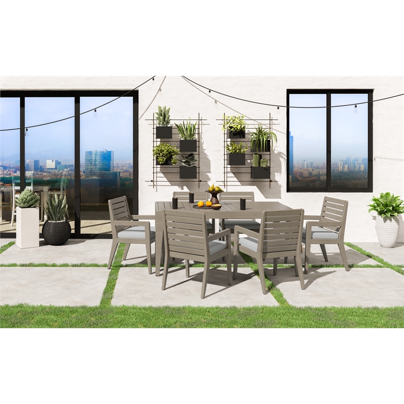 Afuera Living Sustain Wood Outdoor Dining Table and Six Armchairs in Gray