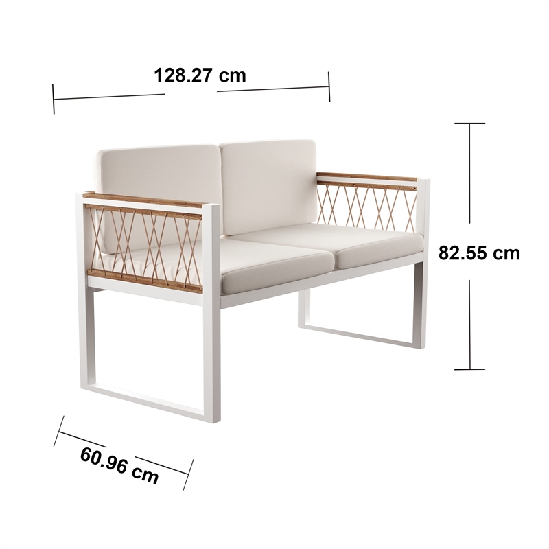 Afuera Living Modern Cushioned Outdoor Loveseat Settee in Natural / White