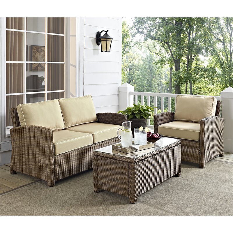 Afuera Living 3 Piece Wicker Patio Sofa Set in Brown and Sand