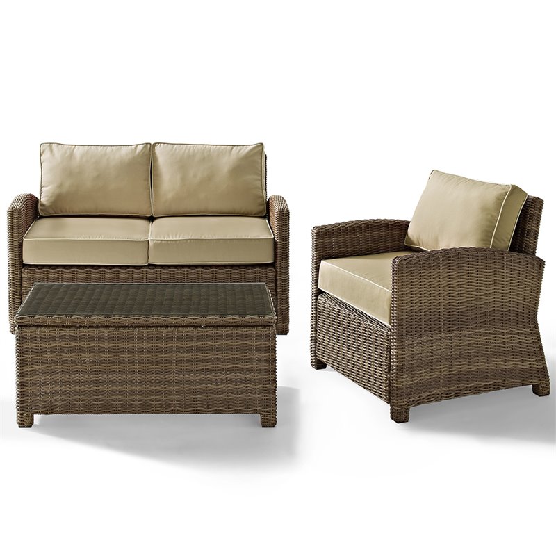 Afuera Living 3 Piece Wicker Patio Sofa Set in Brown and Sand