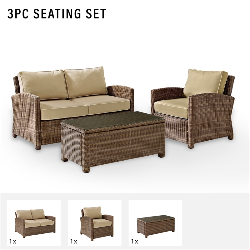 Afuera Living 3 Piece Wicker Patio Sofa Set in Brown and Sand