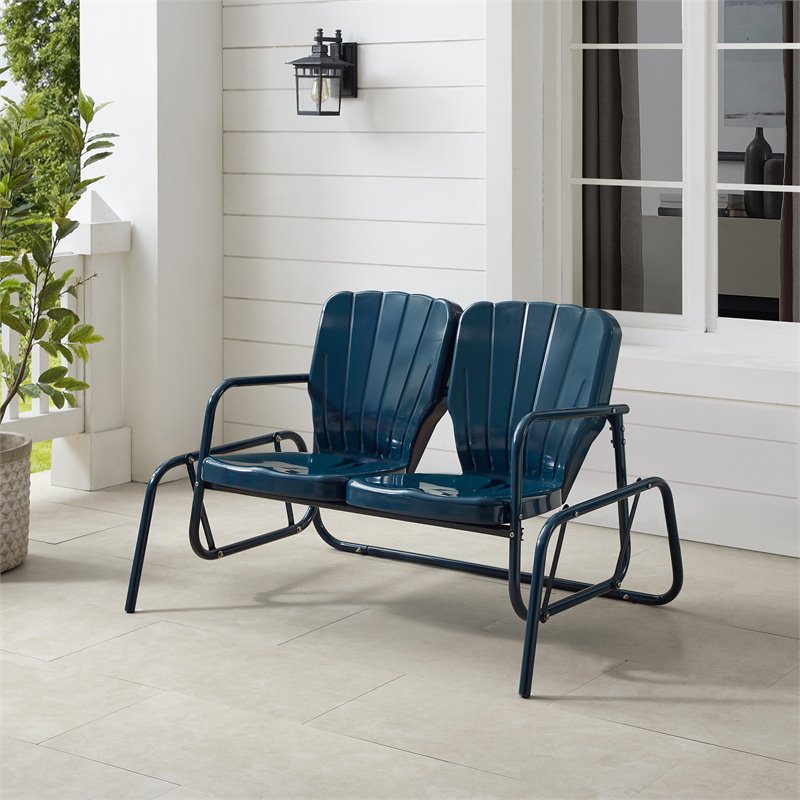 Afuera Living Modern Metal Outdoor Loveseat Glider in Navy Gloss