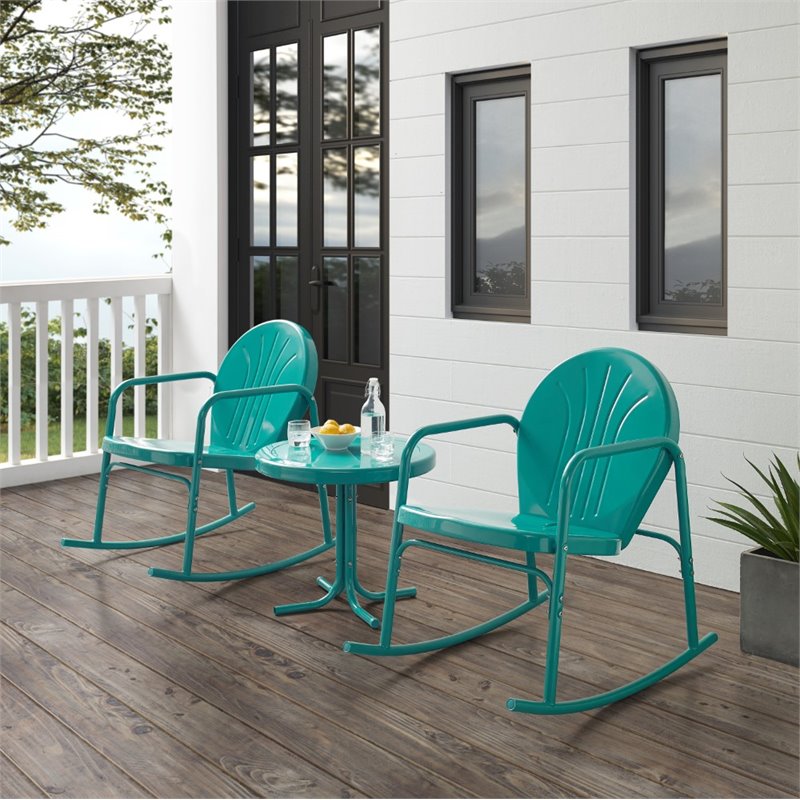 Afuera Living 3-Piece Metal Outdoor Rocking Chair Set in Turquoise Gloss