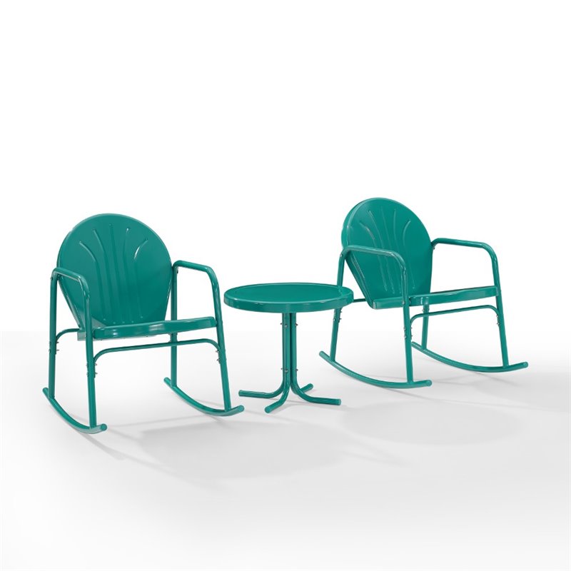 Afuera Living 3-Piece Metal Outdoor Rocking Chair Set in Turquoise Gloss