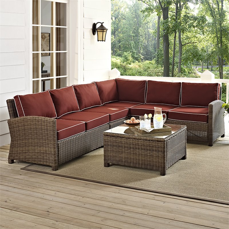 Afuera Living 5 Piece Wicker Patio Sectional Set in Brown and Sangria