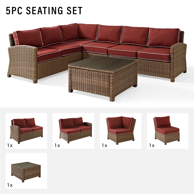 Afuera Living 5 Piece Wicker Patio Sectional Set in Brown and Sangria