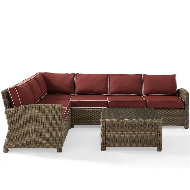Afuera Living 5 Piece Wicker Patio Sectional Set in Brown and Sangria