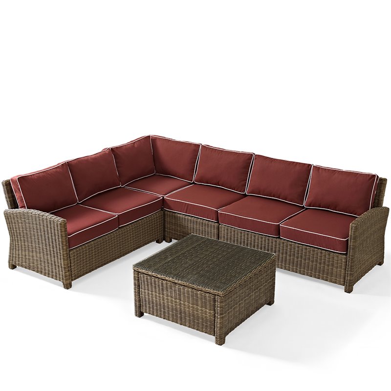 Afuera Living 5 Piece Wicker Patio Sectional Set in Brown and Sangria