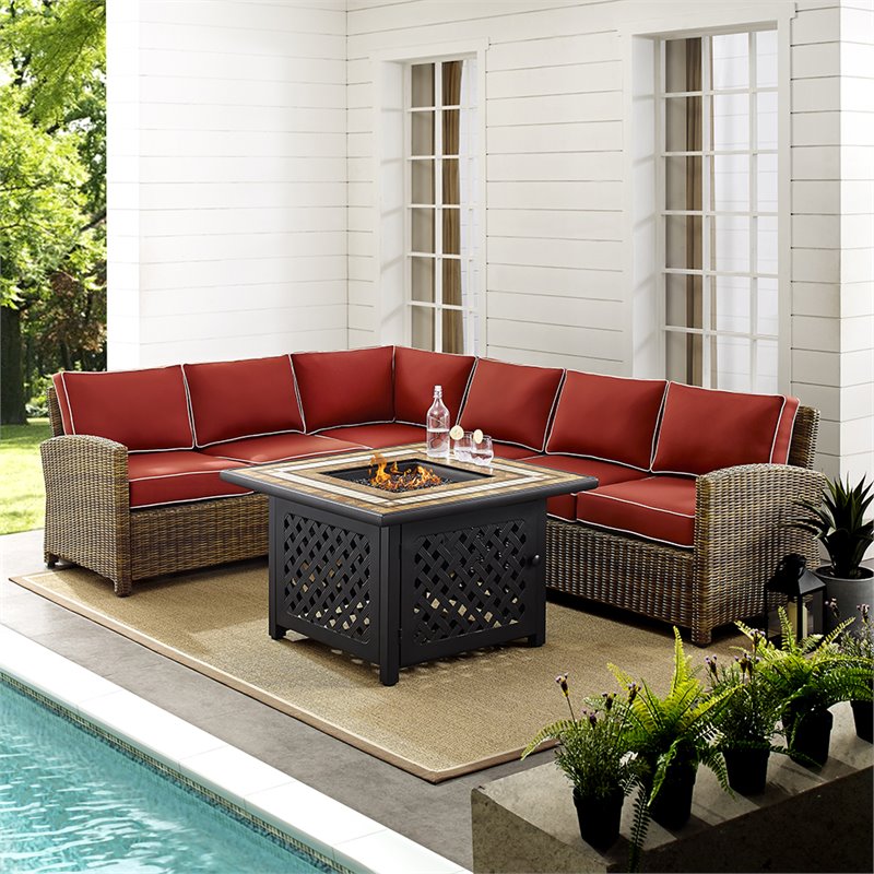 Afuera Living 5-Piece Wicker / Rattan Fire Pit Sectional Set in Red/Brown
