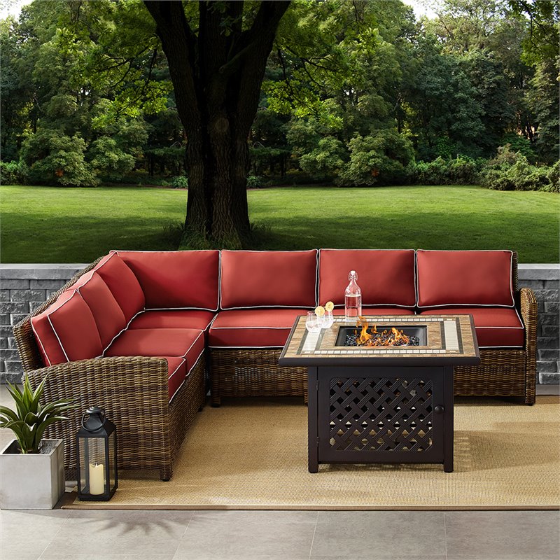 Afuera Living 5-Piece Wicker / Rattan Fire Pit Sectional Set in Red/Brown