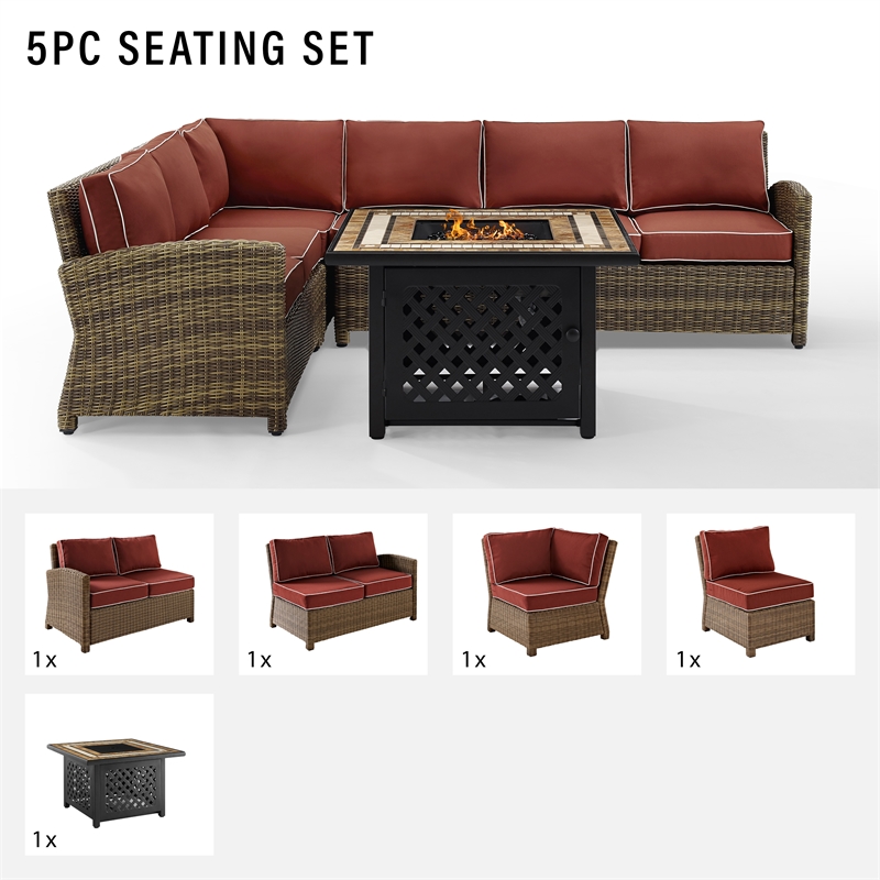 Afuera Living 5-Piece Wicker / Rattan Fire Pit Sectional Set in Red/Brown