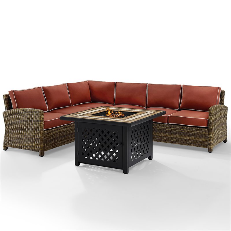 Afuera Living 5-Piece Wicker / Rattan Fire Pit Sectional Set in Red/Brown