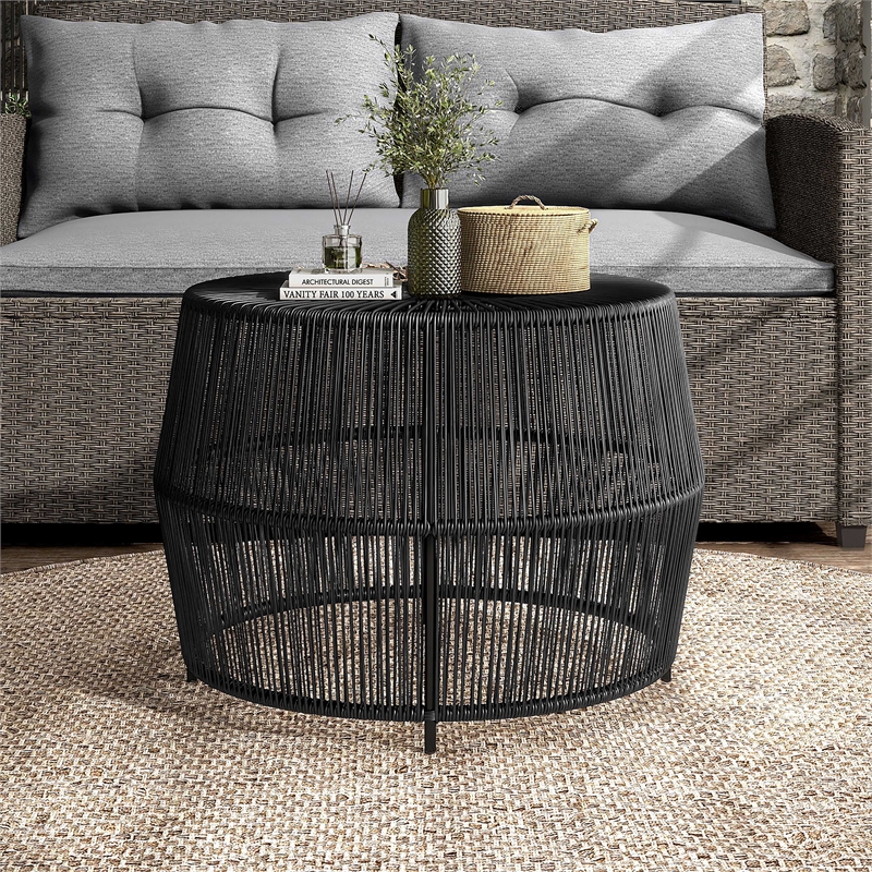 Afuera Living Wicker / Rattan Round Outdoor Coffee Table in Black