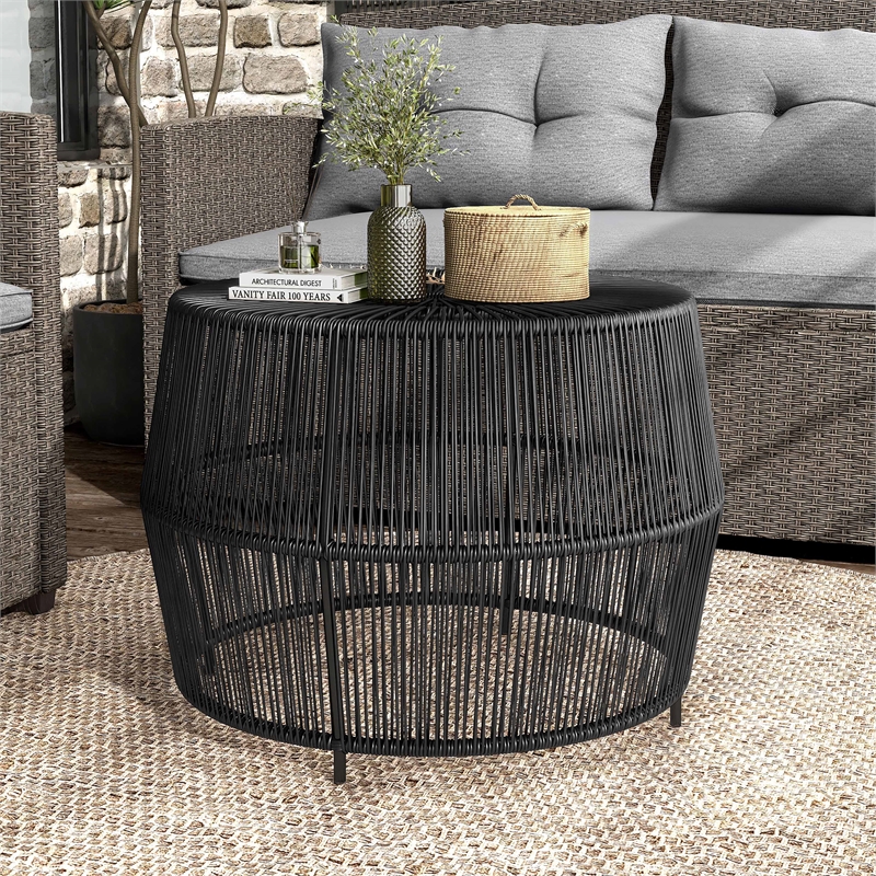 Afuera Living Wicker / Rattan Round Outdoor Coffee Table in Black