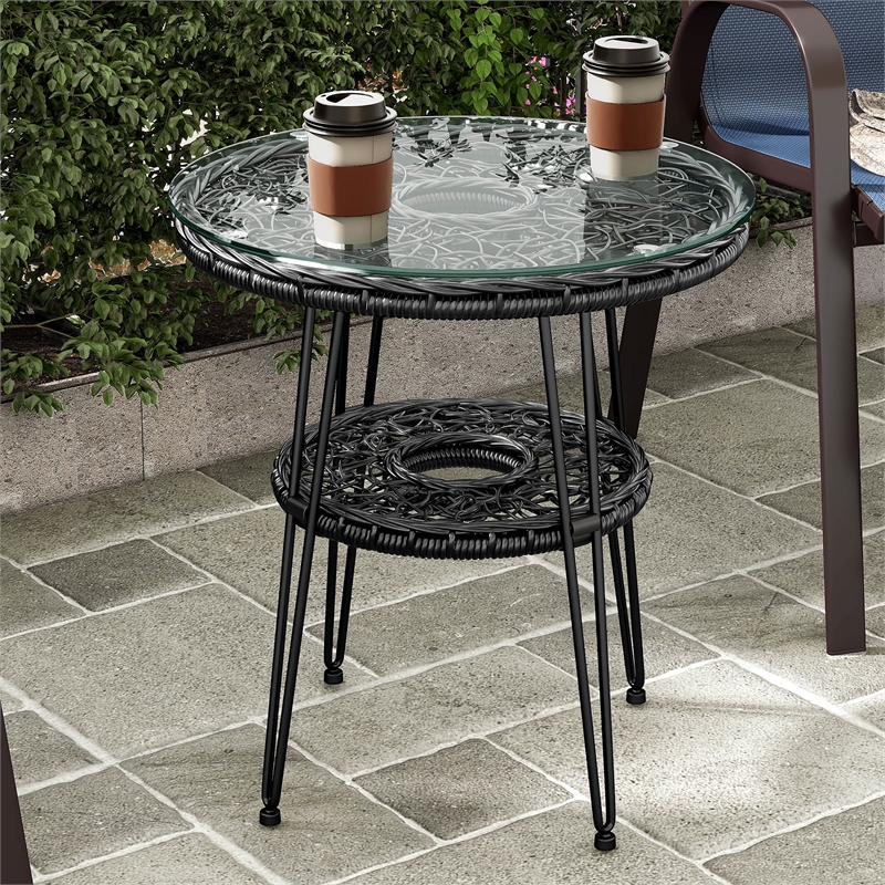 Afuera Living Wicker / Rattan Round Outdoor Coffee Table in Black