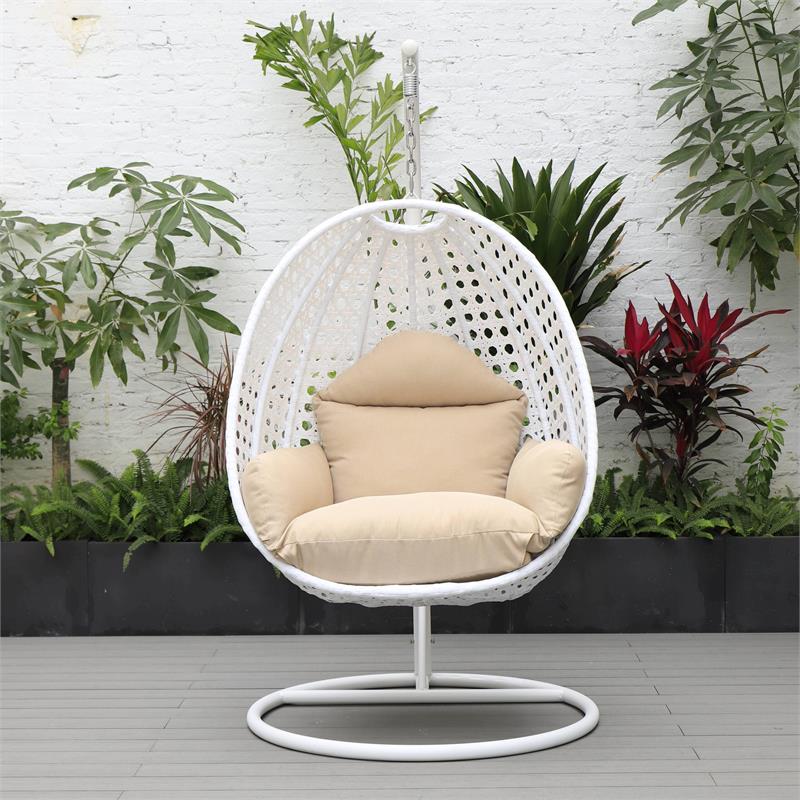 Afuera Living White Wicker Patio Egg Swing Chair with Stand in Beige
