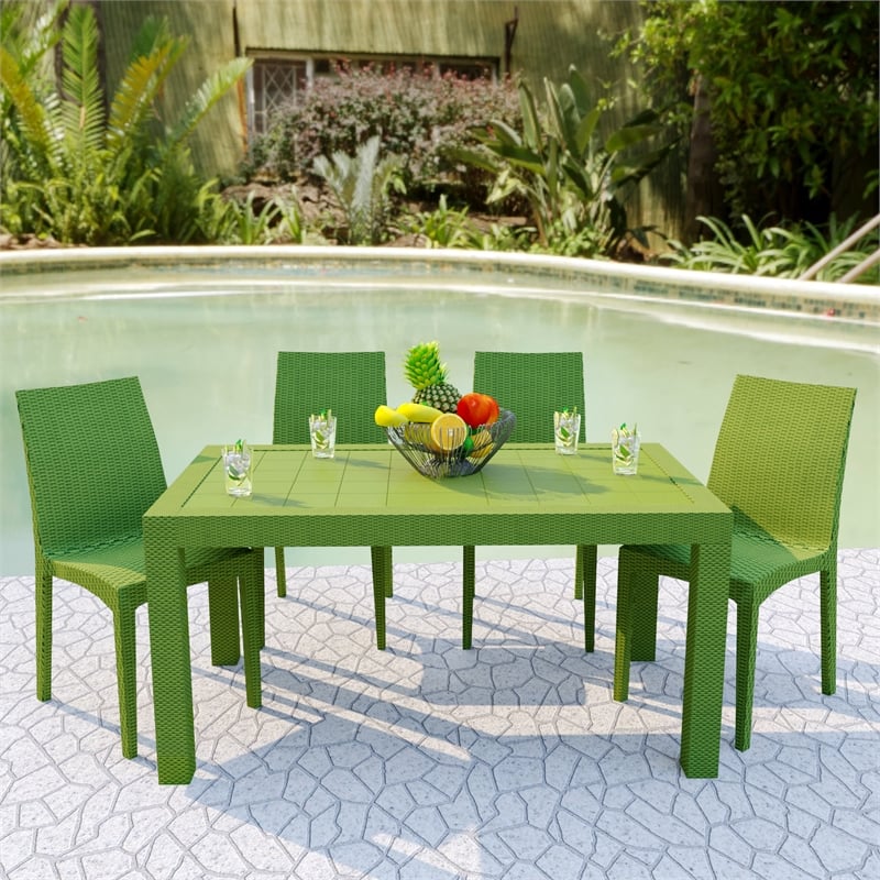 Afuera Living Modern Weave Indoor Outdoor Dining Chair in Green Set of 4