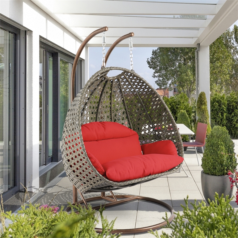 Afuera Living Outdoor Beige Wicker Hanging Double Egg Swing Chair in Red