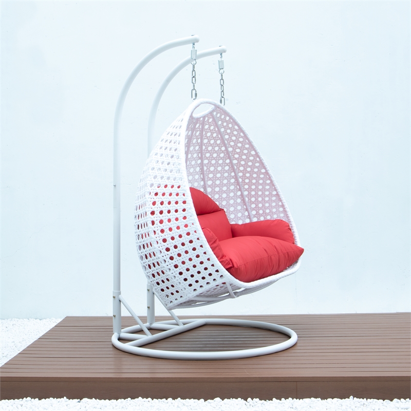Afuera Living Outdoor White Wicker Hanging Double Egg Swing Chair in Red