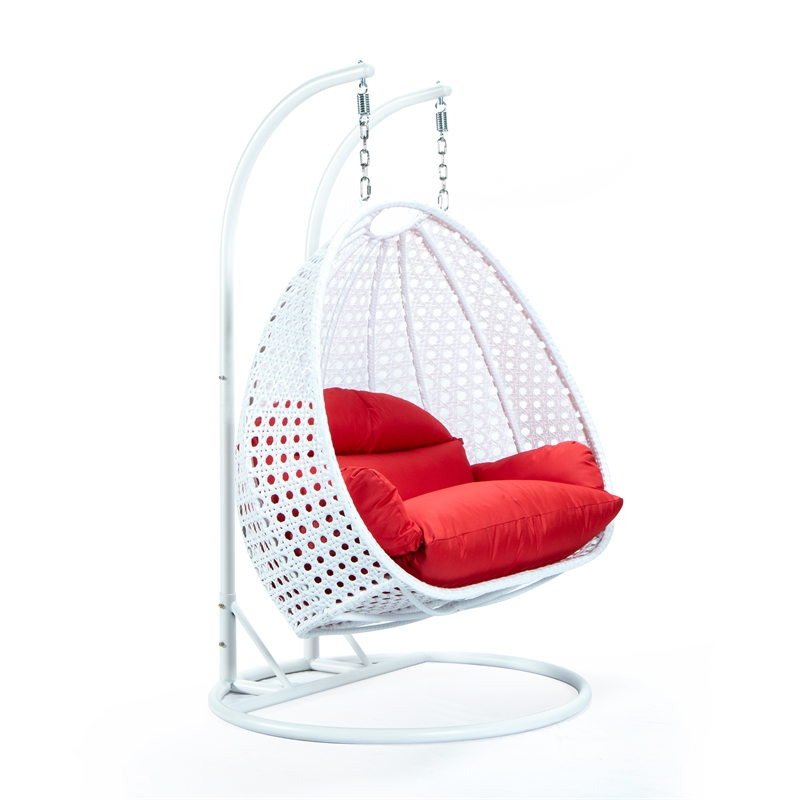 Afuera Living Outdoor White Wicker Hanging Double Egg Swing Chair in Red