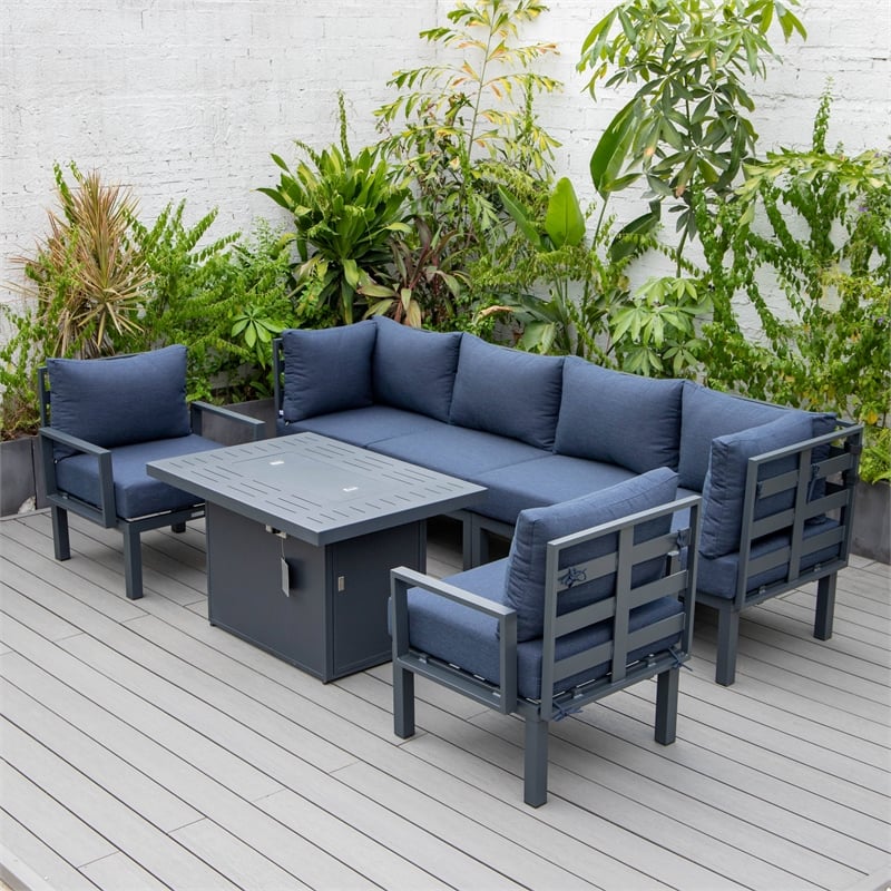Afuera Living 7-Piece Sectional And Fire Pit Table With Cushions in Blue