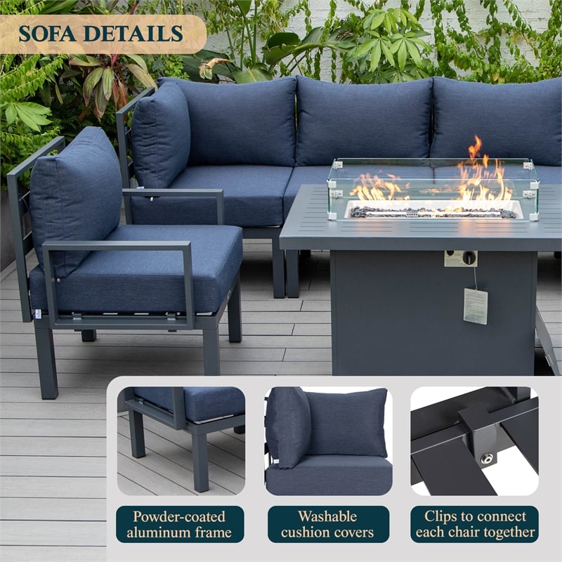 Afuera Living 7-Piece Sectional And Fire Pit Table With Cushions in Blue