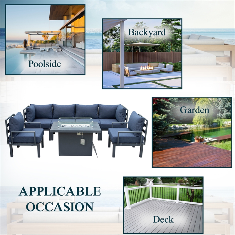 Afuera Living 7-Piece Sectional And Fire Pit Table With Cushions in Blue