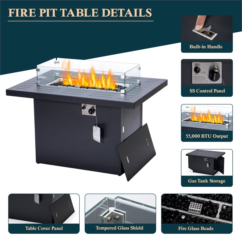 Afuera Living 7-Piece Sectional And Fire Pit Table With Cushions in Orange