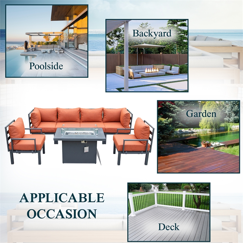 Afuera Living 7-Piece Sectional And Fire Pit Table With Cushions in Orange