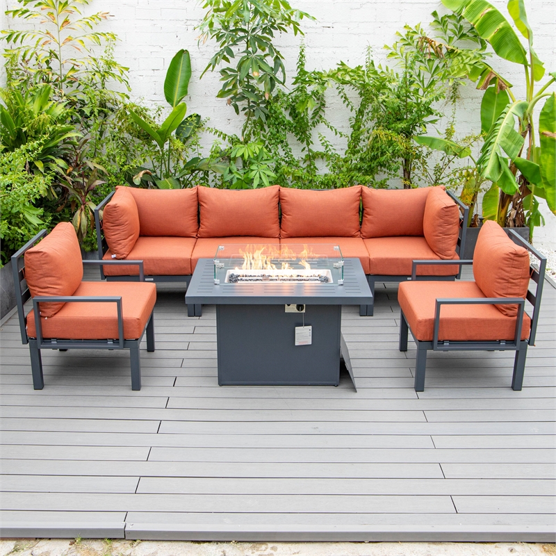 Afuera Living 7-Piece Sectional And Fire Pit Table With Cushions in Orange